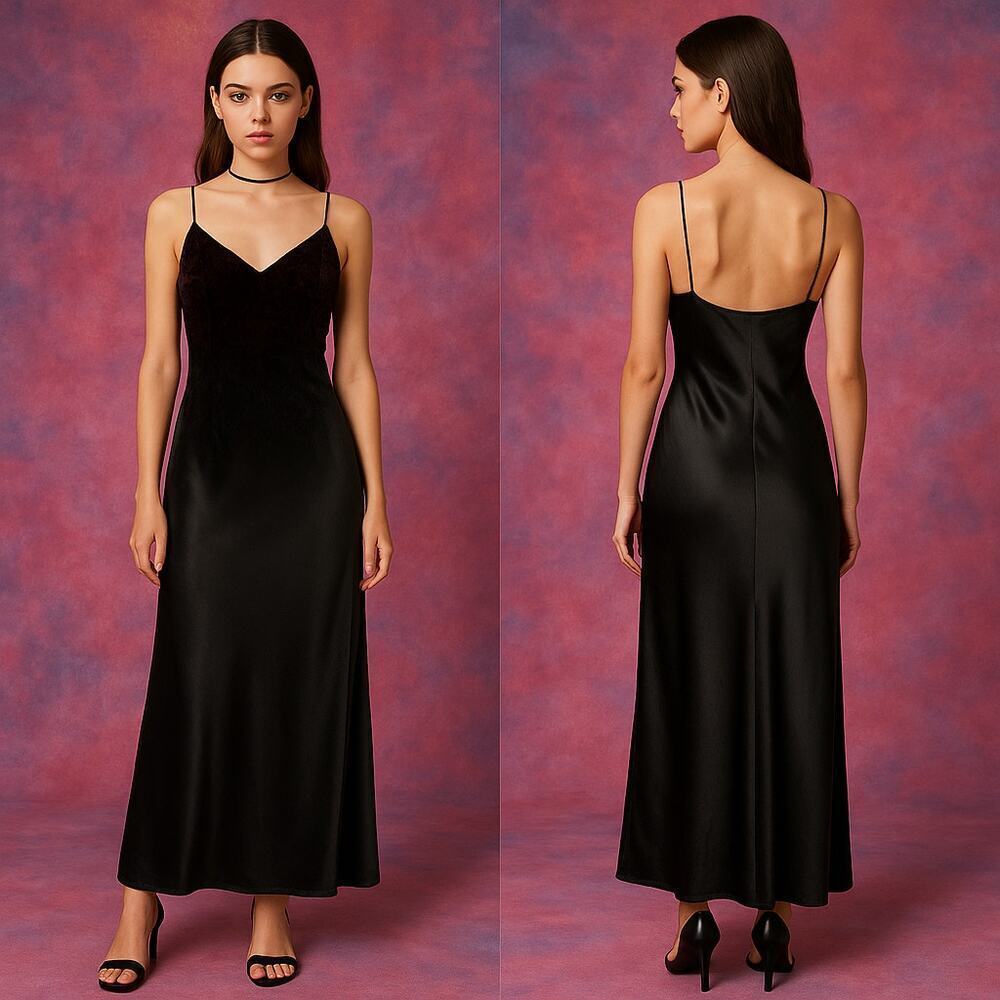 Vintage Y2K Rampage Black Velvet & Satin Slip Maxi Dress w/ Side Zipper Size 9